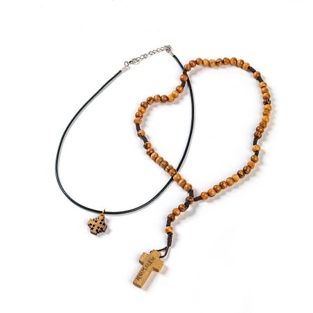 Olijfhouten paternoster ketting met jeruzalemkruis hr kopie