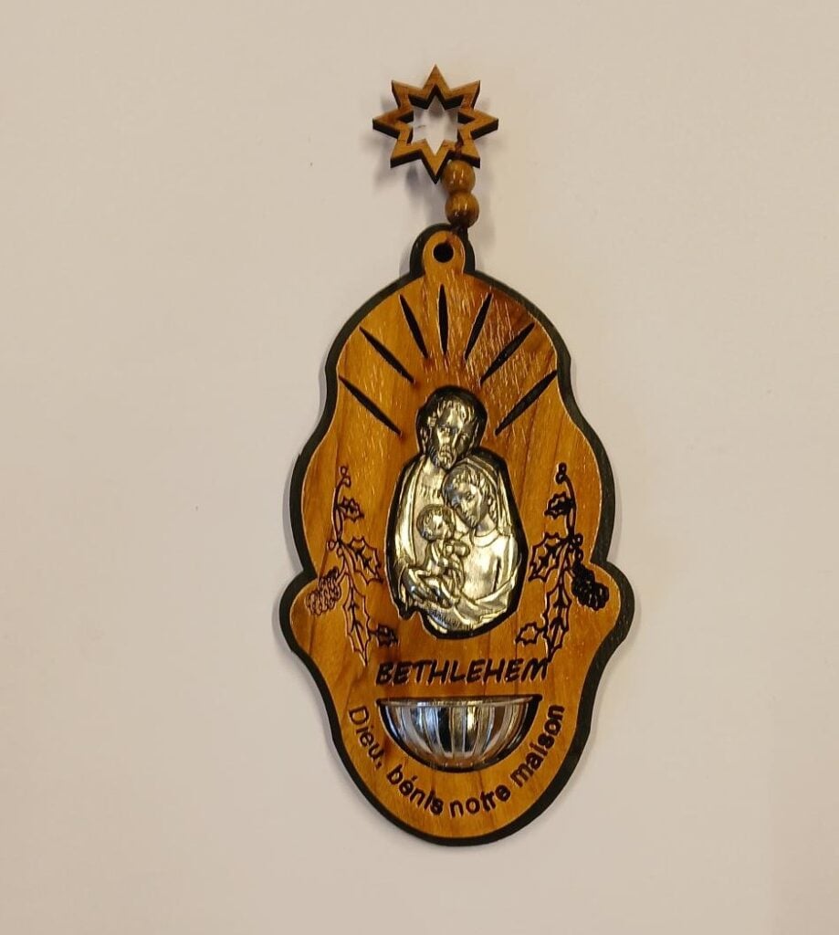 Olijfhouten wijwatervat heilige familie dieu benis notre maison lr