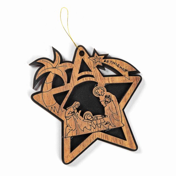 Pendentif de Noël en forme d’étoile en bois d'olivier avec Joseph, Marie et l'Enfant Jésus